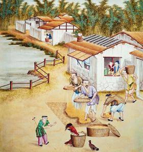 Przesiewanie ryżu w gospodarstwie. Akwarela z XIX w.