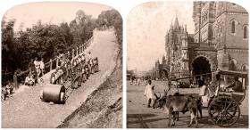 Od lewej: Kobiety pracujące przy budowie drogi w prowincji Daradźiling, 1903 r. Podróżni ruszają spod dworca Victoria w Bombaju, ok. 1900 r.