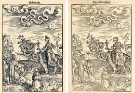 Na reformacyjnych ilustracjach do Apokalipsy bestie i nierządnice mają na głowie papieską tiarę (po lewej), z czasem zredukowaną, spiłowaną do formy korony (po prawej).