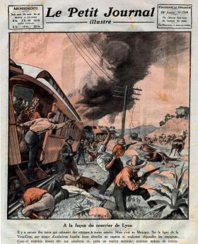 Ilustracja przedstawiająca napad na pociąg w Meksyku, w Veracruz, na pierwszej stronie francuskiego „Le Petit Journal” z 1924 r.
