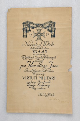 Oryginalny dokument o nadaniu w 1943 r. Janowi Karskiemu Orderu Virtuti Militari z podpisem naczelnego wodza, gen. Władysława Sikorskiego.