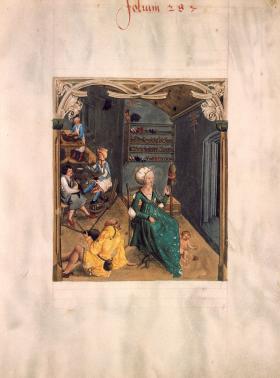 Warsztat szewca na miniaturze z Kodeksu Baltazara Behema, XVI w.
