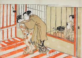 Drzeworyt Isody Koryusai „Kochankowie w korytarzu”, 1772-74 r. wystawiony na ekspozycji „Shunga. Sztuka erotyczna z Japonii”.