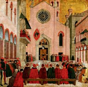 Św. Wincenty Ferreriusz, hiszpański dominikanin zabiegający o położenie kresu tzw. wielkiej schizmie zachodniej, głoszący kazanie w obecności papieża, obraz z XV w.