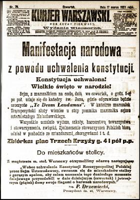Doniesienie o uchwaleniu Konstytucji w „Kurierze Warszawskim” z 17 marca 1921.