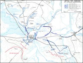 Plan ataku na Carentan. Strzałka z numerem 502 wskazuje kierunek szturmu przez groblę z czterema mostami.