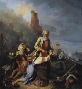 „Rosyjski chłop idzie na wojnę”, XIX-wieczny obraz olejny Konstantego Przecławskiego z mitotwórczego cyklu „Rok 1812'.