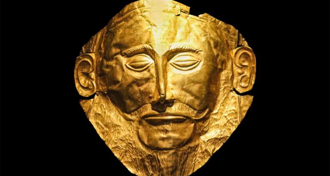 Złota pośmiertna maska Agamemnona z ok. XVI w. p.n.e., odnaleziona na terenie starożytnych Myken.