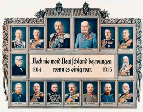 „Niemców nigdy nikt nie pokonał, gdy była między nimi zgoda” - plakat z portretami cesarzy Wilhelma II i Franciszka Józefa oraz prominentnych wojskowych Rzeszy, 1915 r.