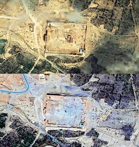Od góry: świątynia Baalszamina przed wysadzeniem i już po zniszczeniu w sierpniu tego roku.