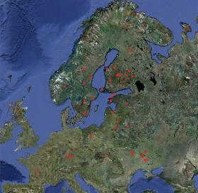 Kratery po uderzeniach w Europie o średnicy od 1 do 10 km.