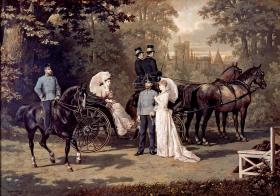 Rodzina cesarska odpoczywa w Laxenburgu. Elżbieta (w powozie) z mężem (na koniu). Stoją arcyksiążę Rudolf z żoną Stefanią, obraz Carla Schweningera starszego, 1887 r.