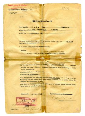 Świadectwo denazyfikacyjne wydane w 1948 r. w Monachium.