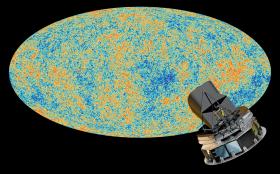 Wszechświat w wieku 100 tys. lat (13 mld lat temu) i satelita Planck, który to zdjęcie wykonał.