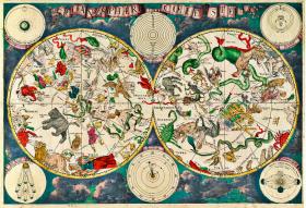 Oprócz map Ziemi powstawały mapy nieba odwołujące się do postaci mitologicznych. Mapa autorstwa Fredericka de Wita, Amsterdam 1680.