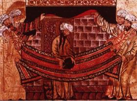 Ilustracja pochodząca z ok. 1315 r. przedstawiająca proroka składającego czarny kamień w al-Kaabie.