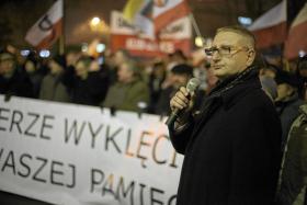 Stanisław Pięta podczas marszu zorganizowanego w Narodowym Dniu Pamięci Żołnierzy Wyklętych, Bielsko-Biała, 1 marca, 2013 r.