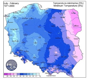 Mapa ukazuje rozkład najniższych temperatur w lutym w okresie lat 1971 - 2000.