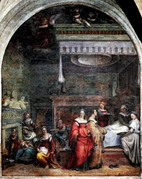 XVI-wieczny fresk Andrei del Santo z Kościoła Zwiastowania NMP we Florencji pokazuje ówczesne realia narodzin w bogatym domu.