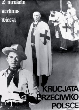 Plakat propagandowy z kanclerzem Konradem Adenauerem w krzyżackim płaszczu