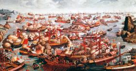 Bitwa pod Lepanto (1571 r.) - największe morskie zwycięstwo koalicji państw chrześcijańskiej Europy nad flotą turecką. Ilustracja z epoki.