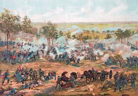 Największa bitwa wojny secesyjnej - pod Gettysburgiem, 1-3 lipca 1863 r.; ilustracja z XIX w.