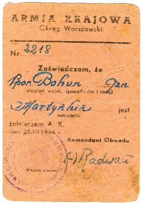 Legitymacja AK ppor. Jana Martynkina wystawiona 25 lipca 1944 r.