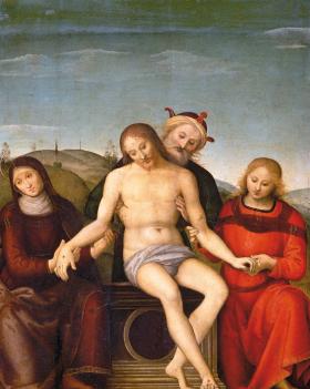 „Śmierć Jezusa i złożenie do grobu”. Jezus jest podtrzymywany przez Nikodema, z lewej strony jego matka, z prawej święty Jan Ewangelista, Pietro Perugino, 1495 r.