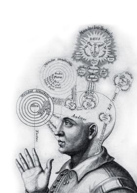Obszary mózgu odpowiedzialne za zmysły, wyobraźnię, intelekt i wiarę w Boga, rycina z 1650 r.