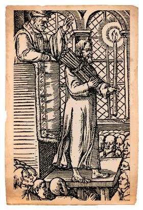 Heretyk lollard odbywa pokutę publiczną; trzyma wiązkę drewna i świecę; drzeworyt z książki Johna Foxe’a „Acts and Monuments”, 1583 r.