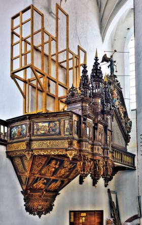 Pierwsze organy w św. Trójcy według przekazów zostały zbudowane w 1568 r. przez Balzera Stürmera z Malborka.
