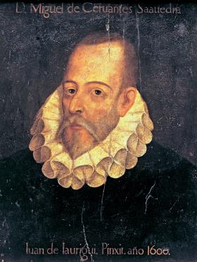 Portret Cervantesa pędzla Juana de Jauregui. Istnieje wiele wątpliwości dotyczących autentyczności tego portretu i innych wizerunków pisarza.
