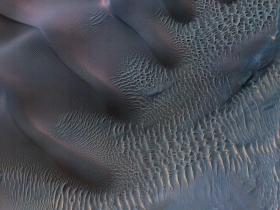 Noachis Terra. Krater uderzeniowy na południu Marsa. Pomarszczone wydmy piaskowe, częste na Marsie. Ich kształt zależy od siły wiatru i jego zmienności. Zdjęcie, ukazujące prawdziwe kolory wydmy, pochodzi z kamery HiRISE orbitera Mars Reconnaisstance.