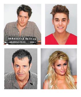 Mugshot – policyjne zdjęcia w kolorze: Hugh Grand, Justin Bieber, Mel Gibson, Paris Hilton.
