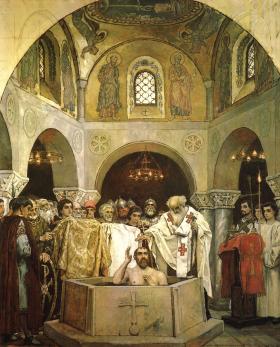 Chrzest księcia Włodzimierza (Chrzest Rusi Kijowskiej) w 988 roku na obrazie z XIX w.