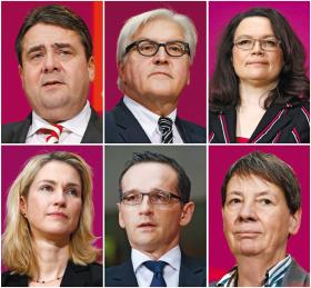 Drużyna SPD: (u góry) Sigmar Gabriel, Frank-Walter Steinmeier, Andrea Nahles. U dołu: Manuela Schwesig, Heiko Mass, Barbara Hendricks.