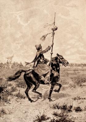 Żołnierz tatarski z chorągwi jazdy lekkiej wojsk Rzeczpospolitej, rysunek Józefa Brandta, XIX w.