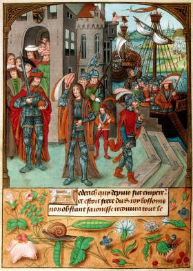 Fryderyk I Barbarossa, najsłynniejszy z Hohenstaufów, wyrusza na trzecią krucjatę, 1189 r. Ilustracja z „Kroniki królów i książąt Burgundii”, ok. 1490 r.
