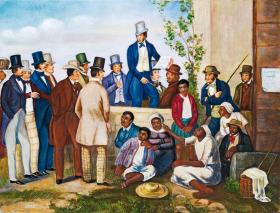 Obraz z 1852 r. przedstawiający targ niewolników w Ameryce Północnej.