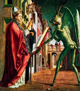 „Diabeł prezentujący św. Augustynowi księgę przywar”, Michael Pacher, II poł. XV w.