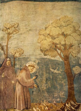 Fresk Giotto di Bondone: scena z cyklu życie św. Franciszka: 'Kazanie do ptaków' z bazyliki św. Franciszka w Asyżu