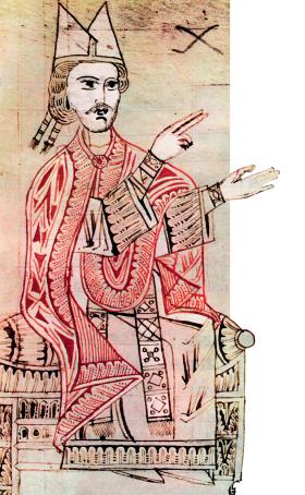 Grzegorz VII (1020–85, pont. od 1075), wielki reformator Kościoła w XI w., walczył z upadkiem i zepsuciem moralnym kleru, przeciwnik małżeństw duchownych; miniatura z XII w.