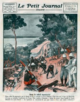 Budowa linii kolejowej we francuskim Kongu; okładka pisma „Le Petit Journal” z 1924 r.