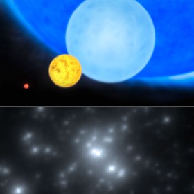 W  Wielkim Obłoku Magelana astronomowie odnaleźli gwiazdę (R1136a1), która w chwili swoich narodzin miała wielkość 300 naszych Słońc. To rekord. Na zdjęciu z VLT (na dole) to najjasniejszy punkt. U góry wizualizacja z prównaniem olbrzyma ze Słońcem.