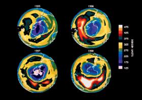 Zdjęcia satelitarne ukazujące powiększanie się dziury ozonowej nad Antarktydą w latach 1985–1988.
