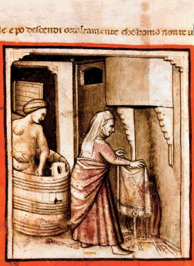 Służąca pomagająca przy kąpieli - włoska ilustracja z XIV w.