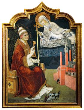 Maria poleca Sienę opiece papieża Kaliksta III; obraz Sano di Pietro z XV w.