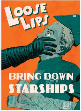 „Paplanie niszczy statki kosmiczne” – plakat przestrzegający ekipę filmową przed zdradzaniem tajemnic produkcji.