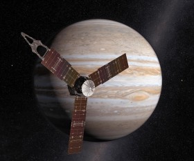 Sonda Juno pokazana na tle Jowisza.
