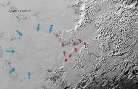 Zdjęcie ukazuje detale budowy lodowca. Czerwone strzałki ukazują dolinę, którą lodowiec się porusza. Niebieskie strzałki ukazują jego front natarcia.